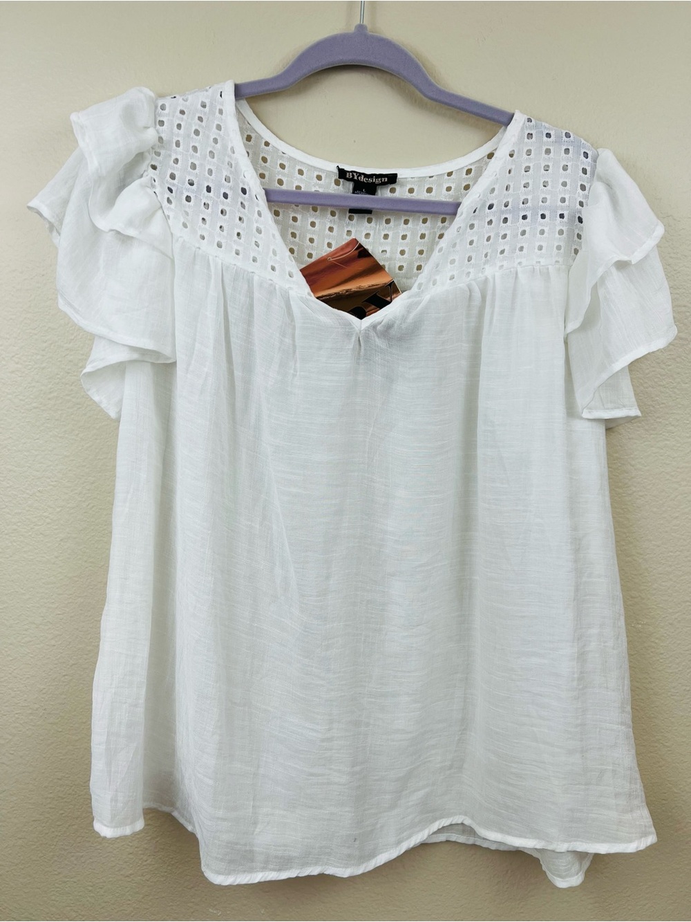 By Design Top Blouse Womens Lg White Boho Cottagecore Feminine Eyelet V-Neck